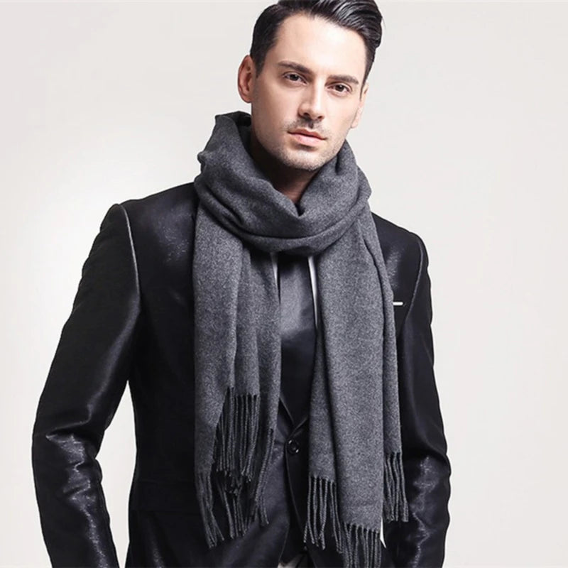 Winter Wool Scarf – Soft Cashmere Shawl with Long Tassels, Warm Solid Color Scarf for Men