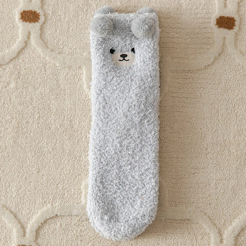 Women Winter Warm Fluffy Socks Home Floor Sleep Kawaii 3D Bear Cute Animal Thick Fleece Fuzzy Sock Japanese Fashion Korean Style