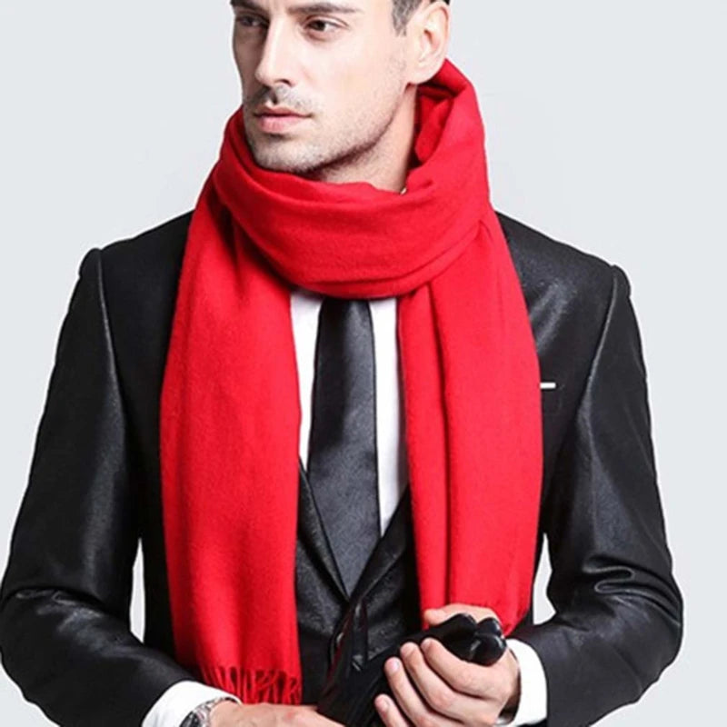 Winter Wool Scarf – Soft Cashmere Shawl with Long Tassels, Warm Solid Color Scarf for Men