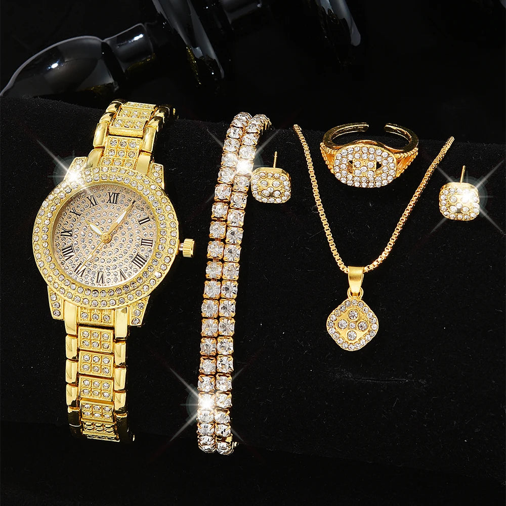 Luxury Women's Gold Watch – Fashionable Quartz Diamond Wristwatch, Elegant Bracelet Watch Set for Ladies