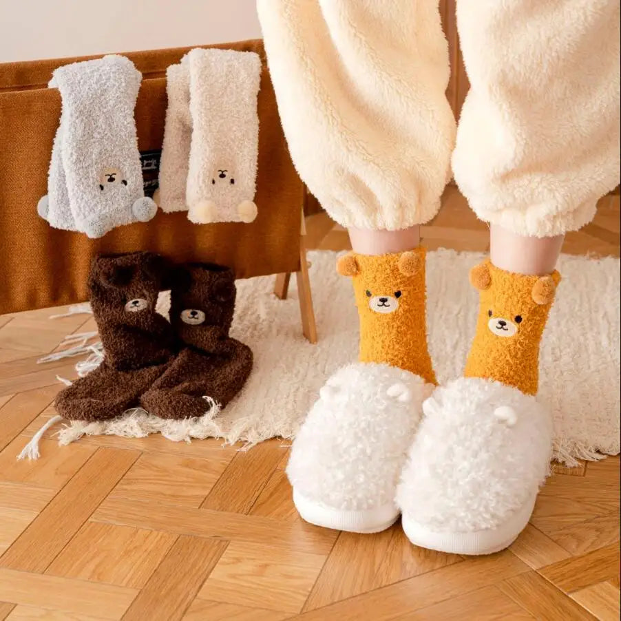 Women Winter Warm Fluffy Socks Home Floor Sleep Kawaii 3D Bear Cute Animal Thick Fleece Fuzzy Sock Japanese Fashion Korean Style