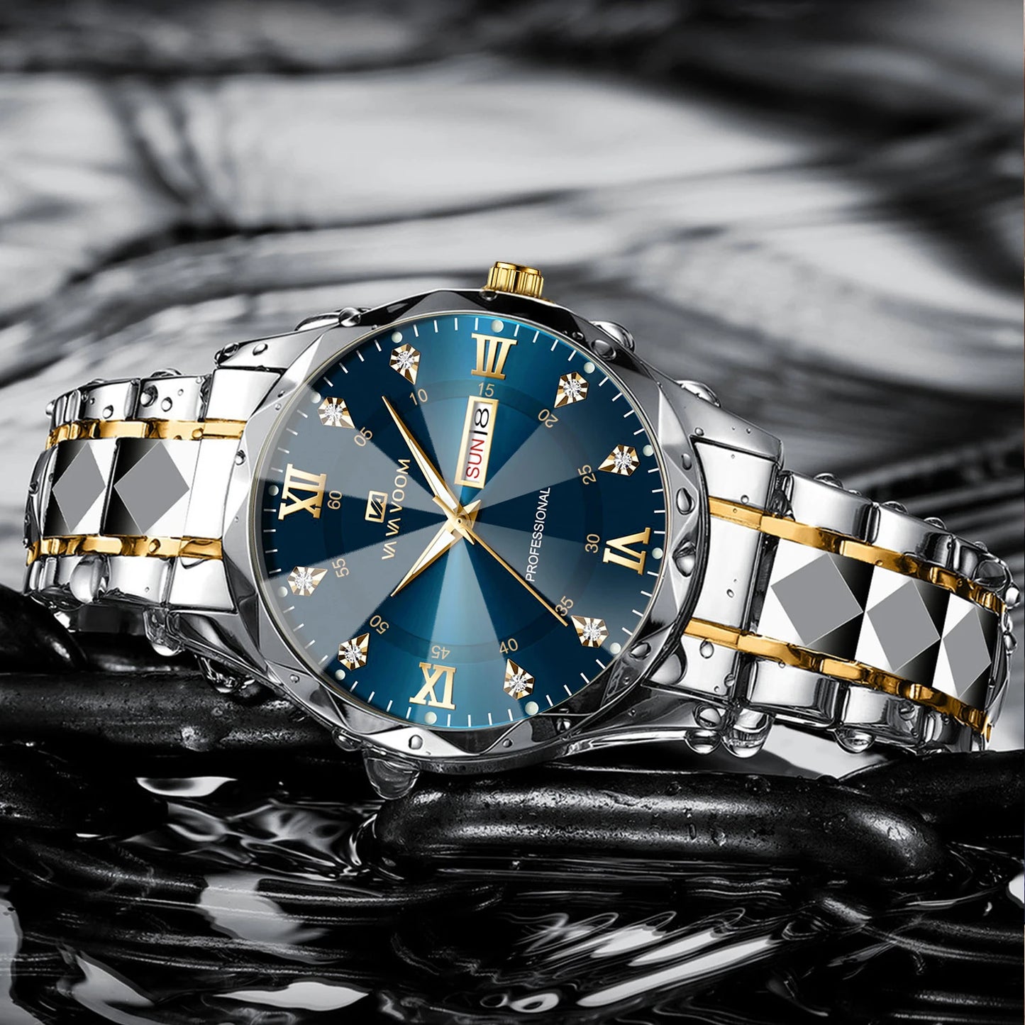 Luxury Men’s Watch – Blue Gold Stainless Steel, Water Diamond, Night Glow, Double Calendar