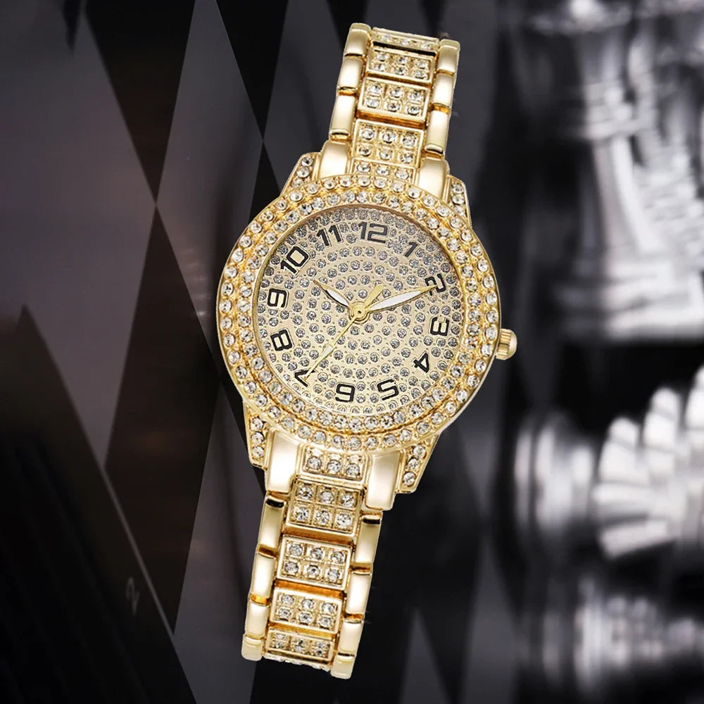 Luxury Women's Gold Watch – Fashionable Quartz Diamond Wristwatch, Elegant Bracelet Watch Set for Ladies