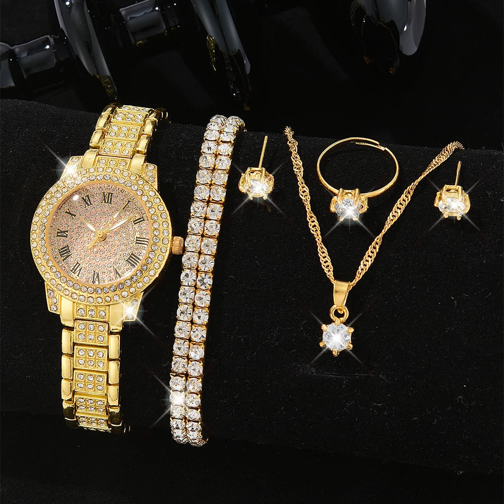 Luxury Women's Gold Watch – Fashionable Quartz Diamond Wristwatch, Elegant Bracelet Watch Set for Ladies