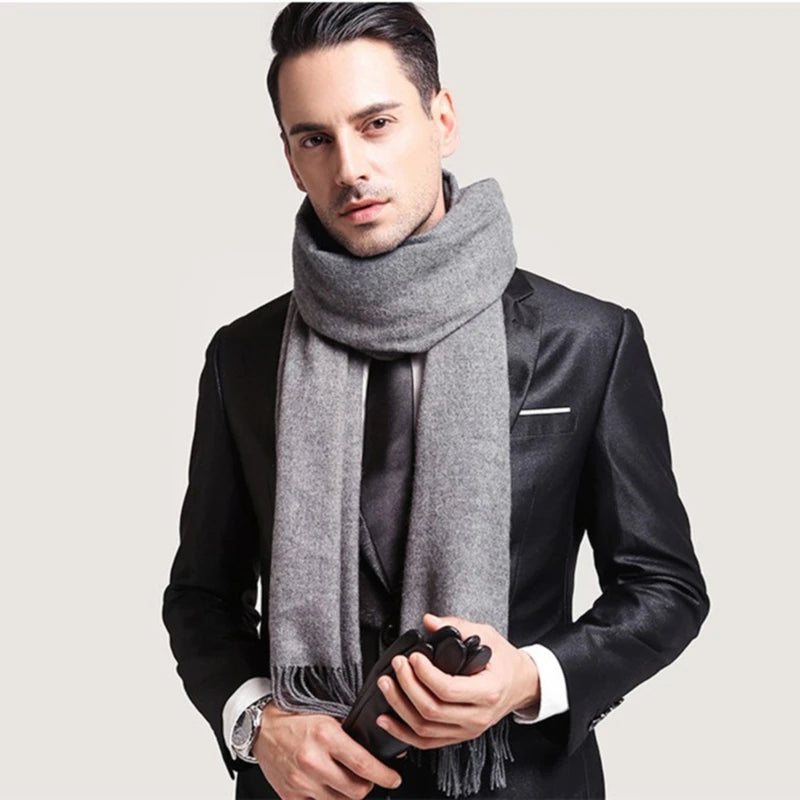 Winter Wool Scarf – Soft Cashmere Shawl with Long Tassels, Warm Solid Color Scarf for Men