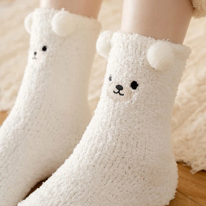 Women Winter Warm Fluffy Socks Home Floor Sleep Kawaii 3D Bear Cute Animal Thick Fleece Fuzzy Sock Japanese Fashion Korean Style