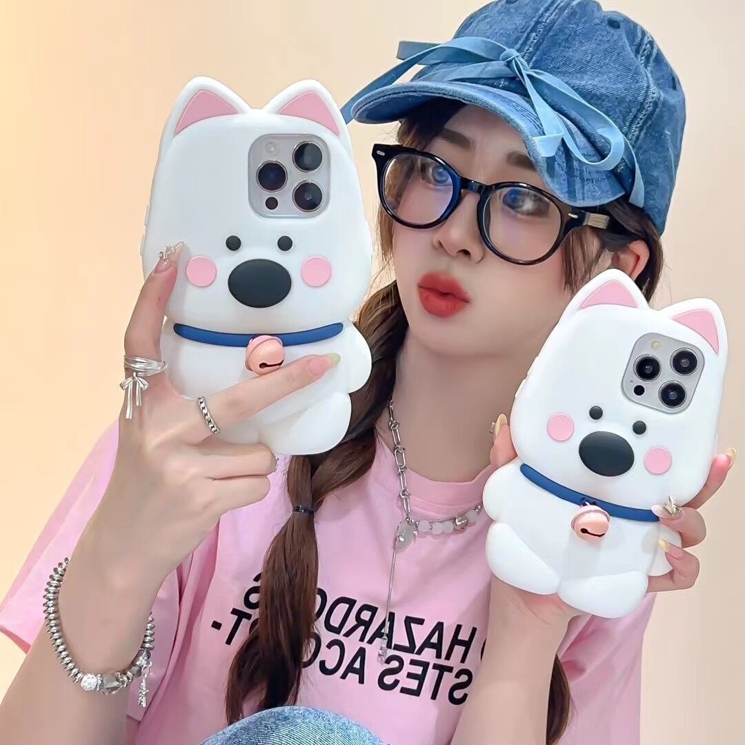 Cartoon Cute Bell Little White Dog Phone Case - Kawaii Soft TPU Protective Case for iPhone