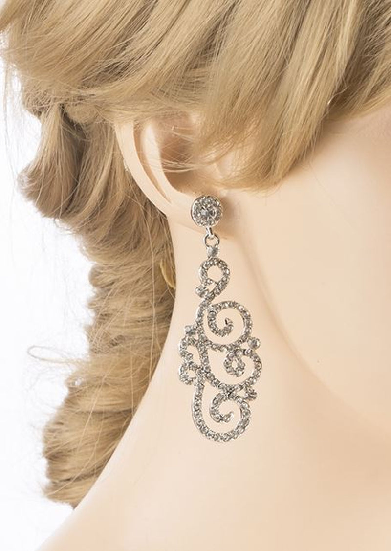 Elegant Bridal Wedding Crystal Rhinestone Swirl Vintage Dangle Earrings - Silver