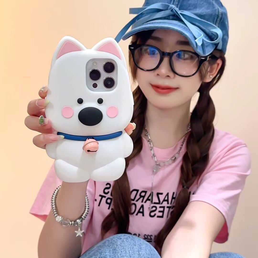 Cartoon Cute Bell Little White Dog Phone Case - Kawaii Soft TPU Protective Case for iPhone