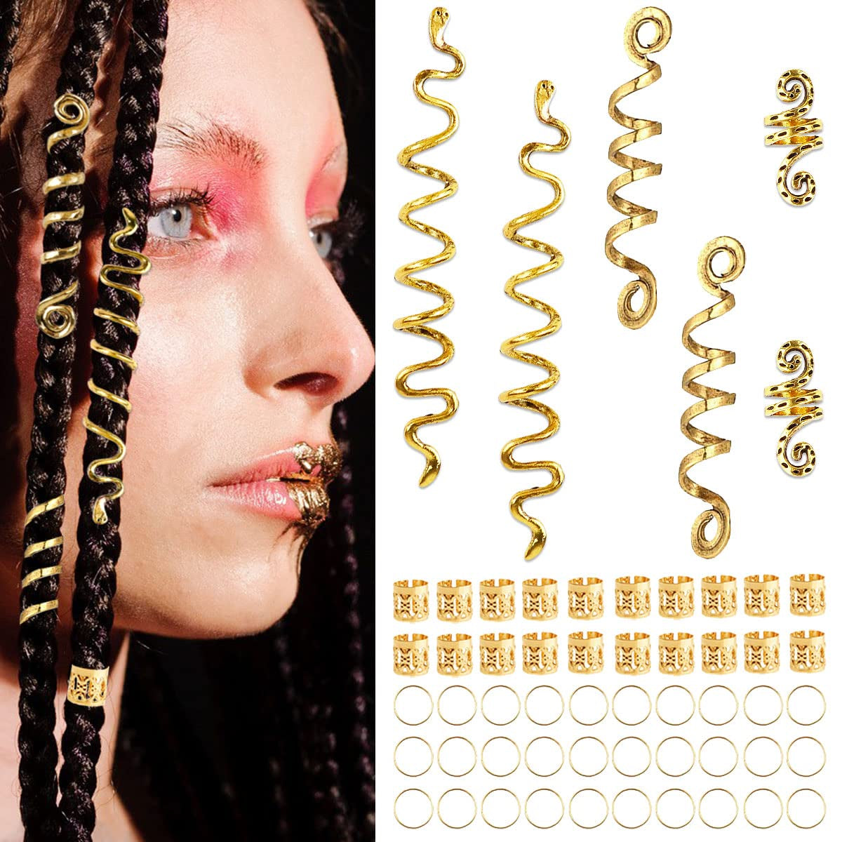 56 Pieces Dreadlock Hair Accessories Celtic Loc Jewelry Hair Cuffs for Braids, 6 Alloy Spiral Coil Hair Clips 20 Dreadlocks Beads 30 Hair Rings Braiding Hair Decorations