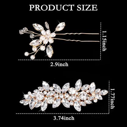 Rhinestone & Pearl Hair Clips – Sparkly Wedding Hair Accessories for Women, Diamond Crystal Bridal Hair Pins & Clips (Gold)