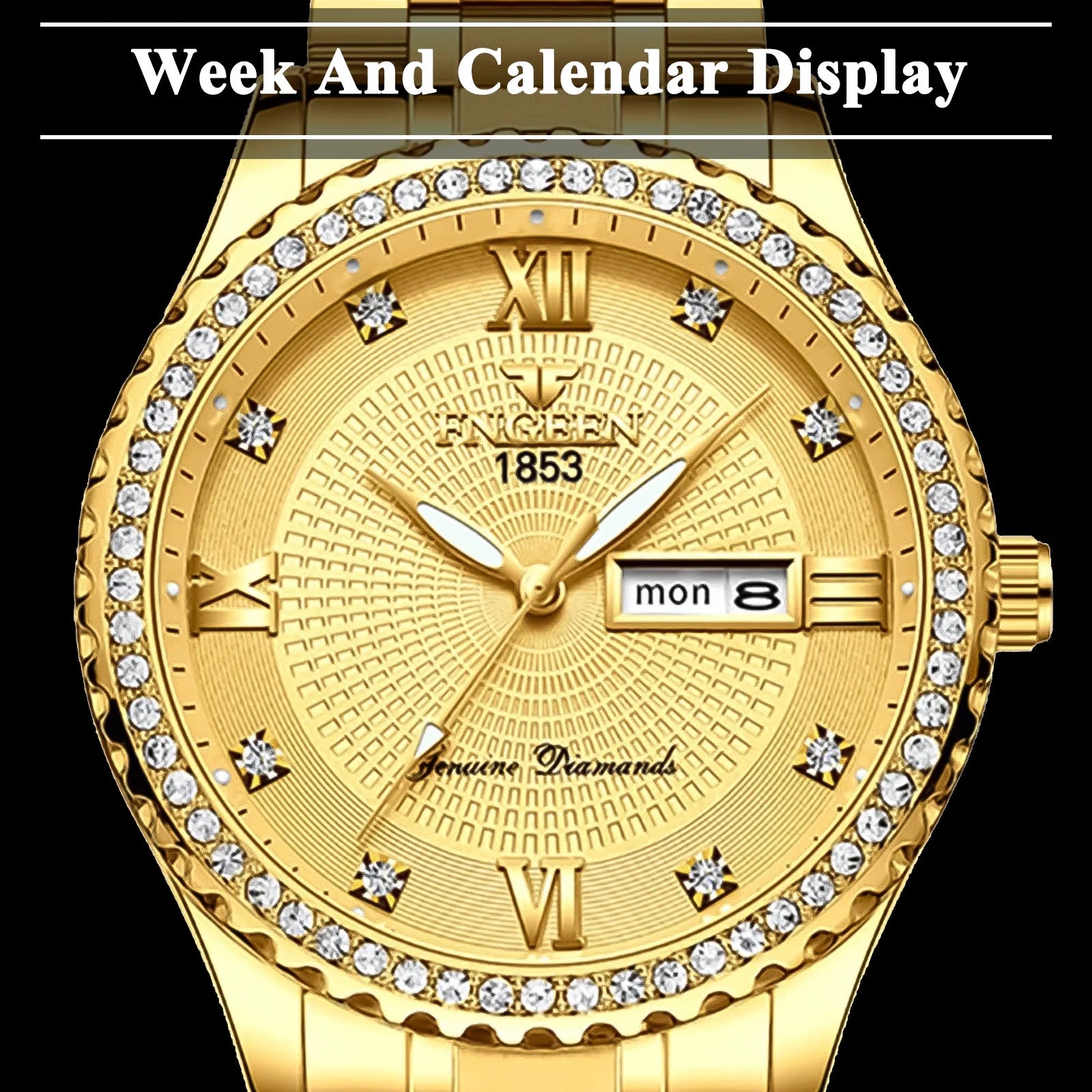 Classic Men's Gold Diamond Watch – Stainless Steel Waterproof Quartz Analog Dress Wristwatch