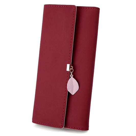 "Women's PU Leather RFID Wallet – Elegant Zipper Coin Purse with Leaf Pendant (Wine)"