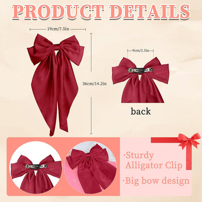 2Pcs Red Hair Bows for Women – Soft Silky Long Tail Ribbons, Big Cute Hair Bows with Metal Clips, Elegant Hair Accessories for Styling & Daily Wear