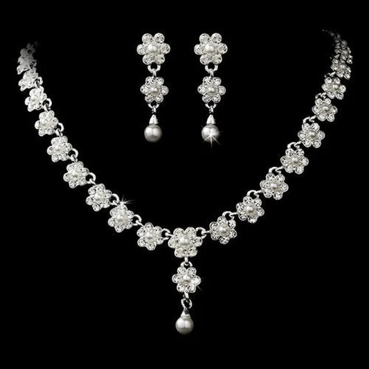 Bridal Wedding Jewelry Set Floral Y Pearl & Rhinestone