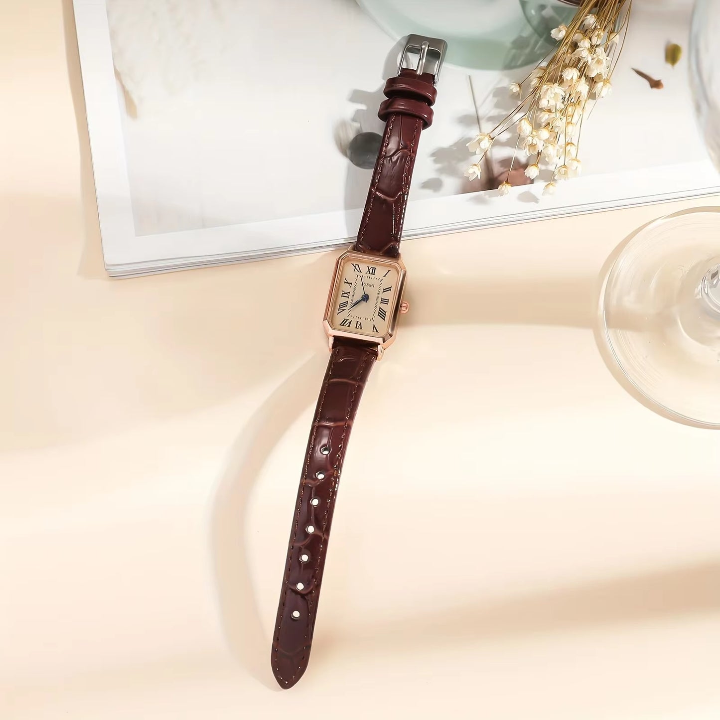 Casual Rectangle Pointer Quartz Watch Rome Fashion Analog Retro PU Leather Wrist Watch for Women Girls