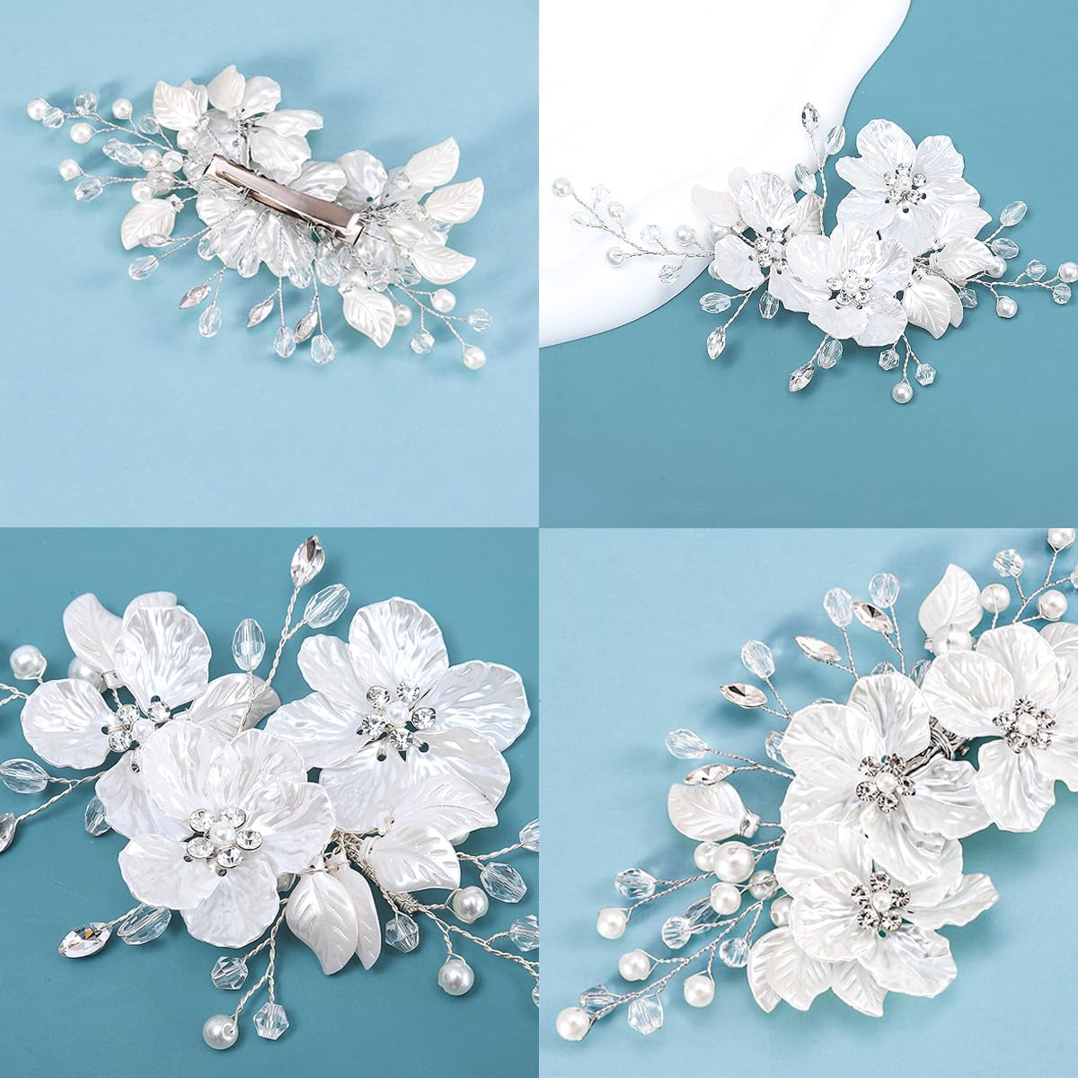 3 PCS Pearl Flower Wedding Hair Clips – Rhinestone Bridal Crystal Barrettes, Floral Leaf Vine Headpiece Hair Accessories for Women & Girls (Silver)