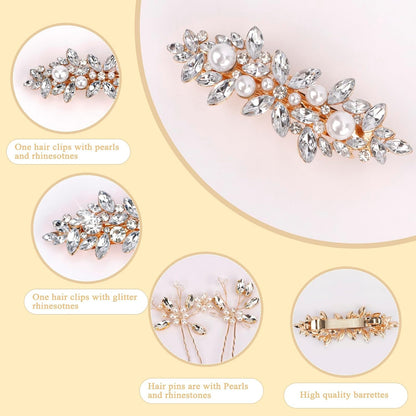 Rhinestone & Pearl Hair Clips – Sparkly Wedding Hair Accessories for Women, Diamond Crystal Bridal Hair Pins & Clips (Gold)