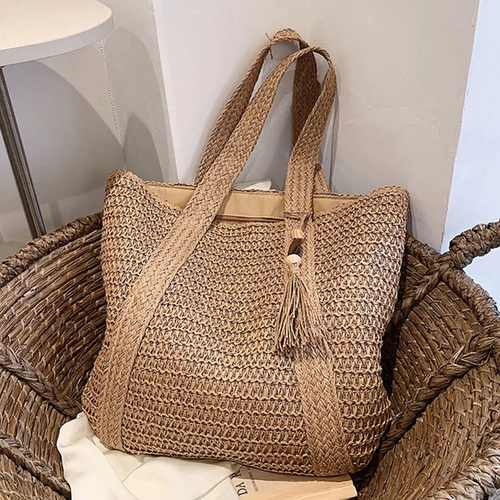 "Large Straw Beach Tote Bag – Woven Summer Handbag with Tassels for Women"