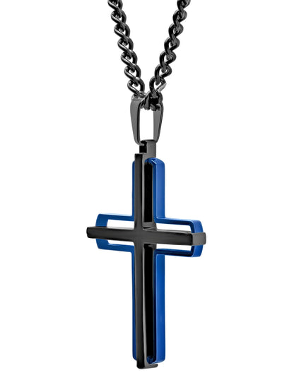 Men's Stainless Steel Black & Blue Cross Pendant Necklace