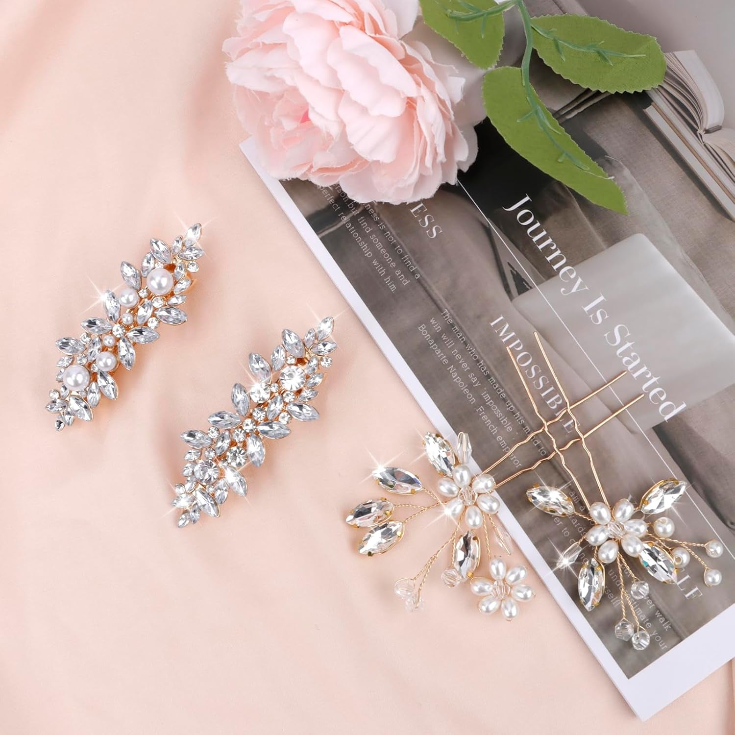 Rhinestone & Pearl Hair Clips – Sparkly Wedding Hair Accessories for Women, Diamond Crystal Bridal Hair Pins & Clips (Gold)