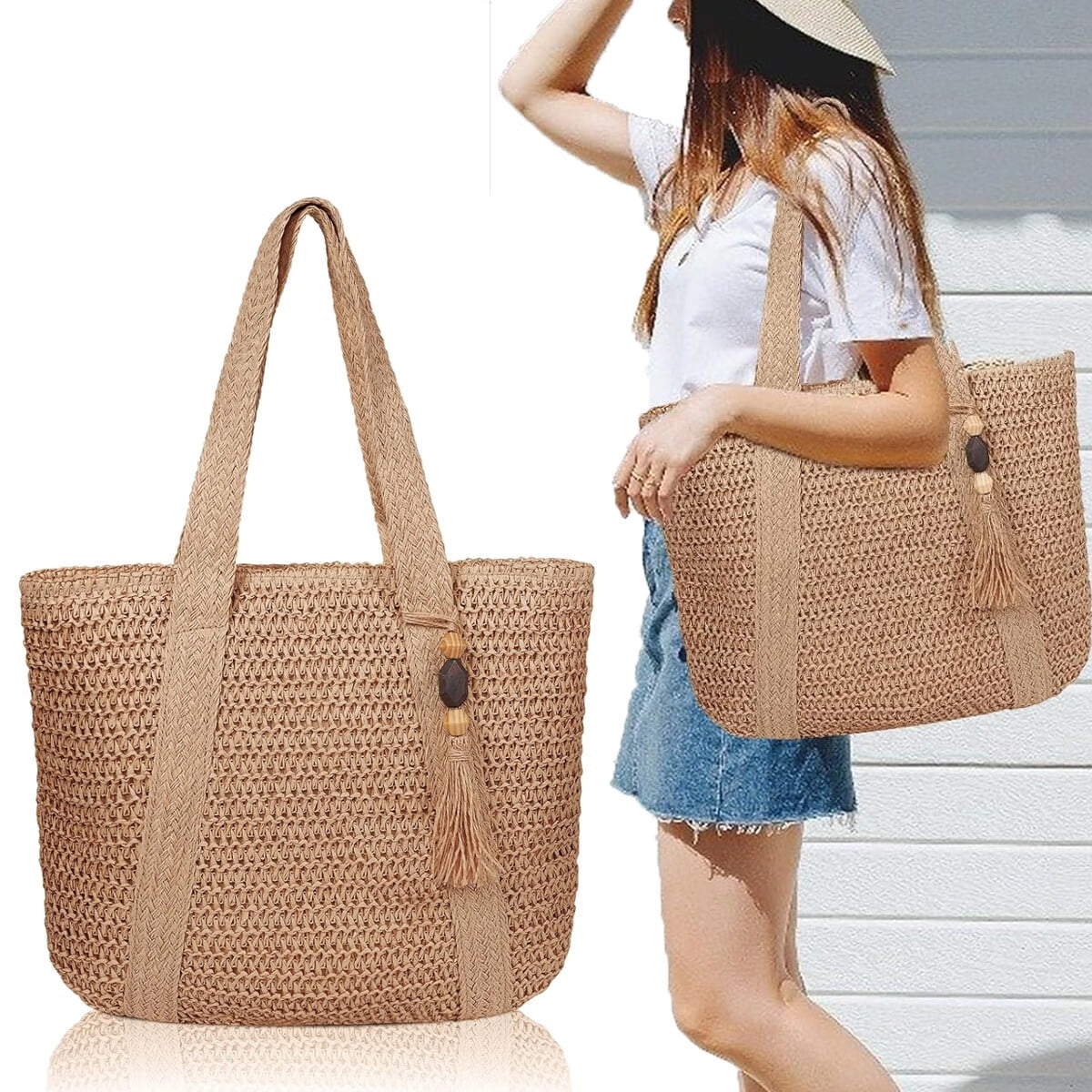 "Large Straw Beach Tote Bag – Woven Summer Handbag with Tassels for Women"