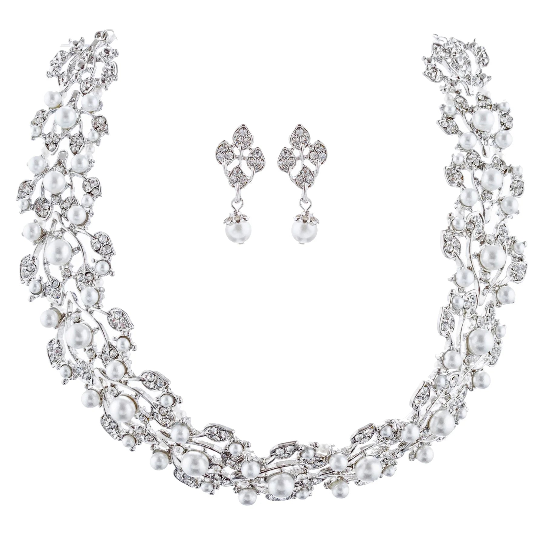 Elegant Rhinestone Pearl Jewelry Set - White Leaf Design Bridal Accessories