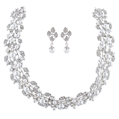 Elegant Rhinestone Pearl Jewelry Set - White Leaf Design Bridal Accessories