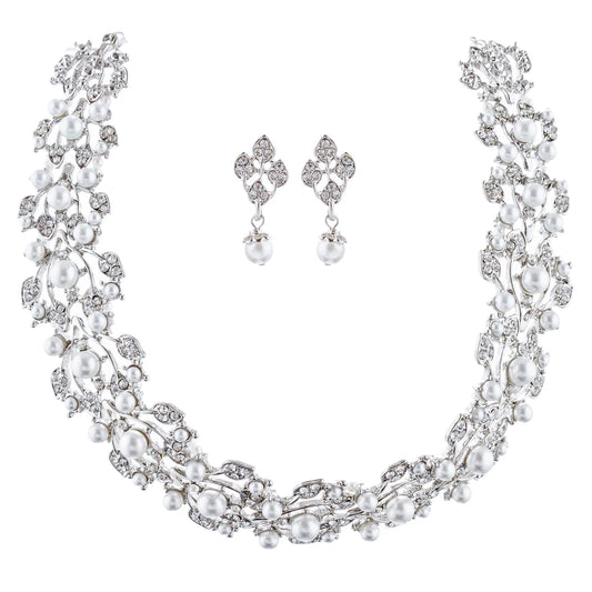 Elegant Rhinestone Pearl Jewelry Set - White Leaf Design Bridal Accessories