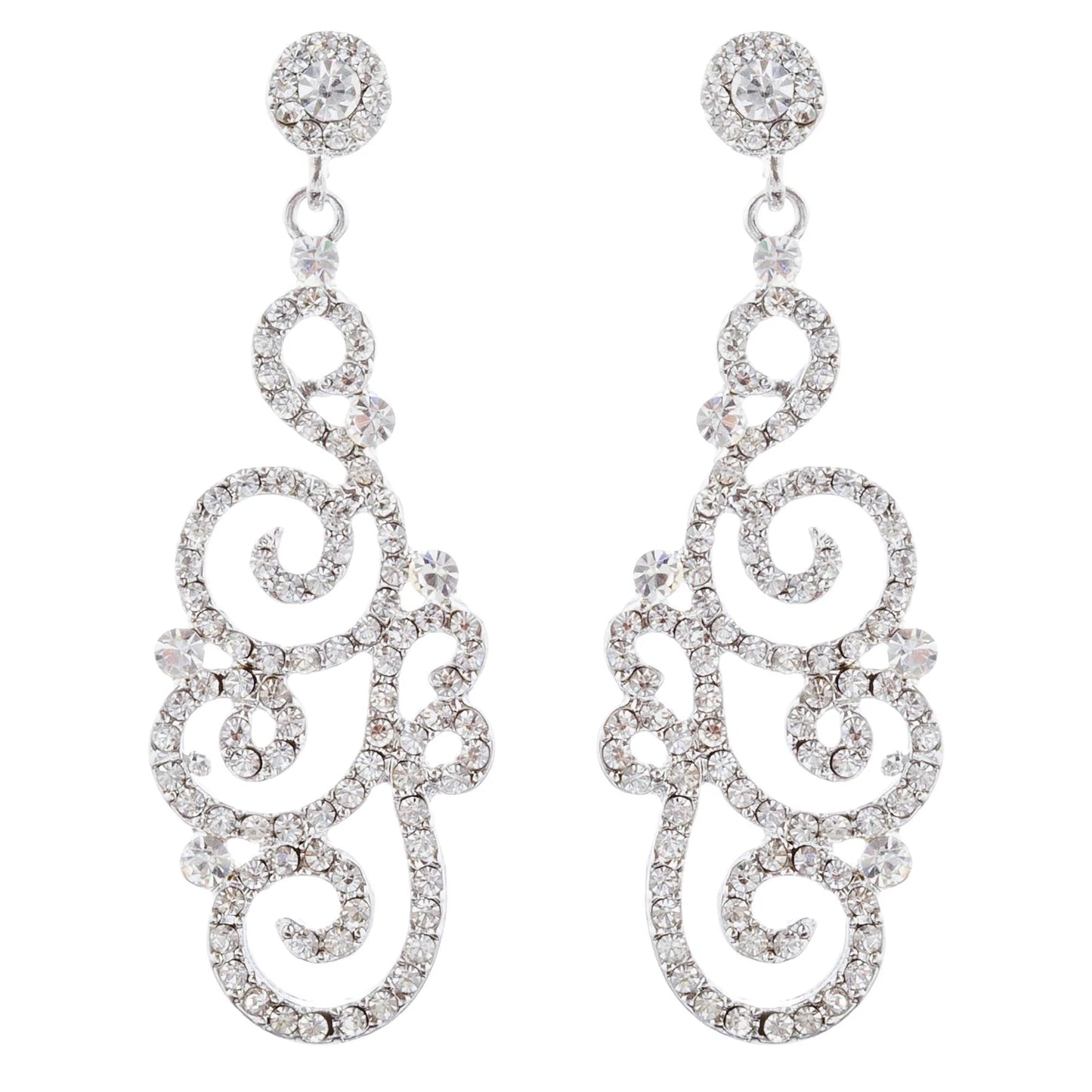 Elegant Bridal Wedding Crystal Rhinestone Swirl Vintage Dangle Earrings - Silver