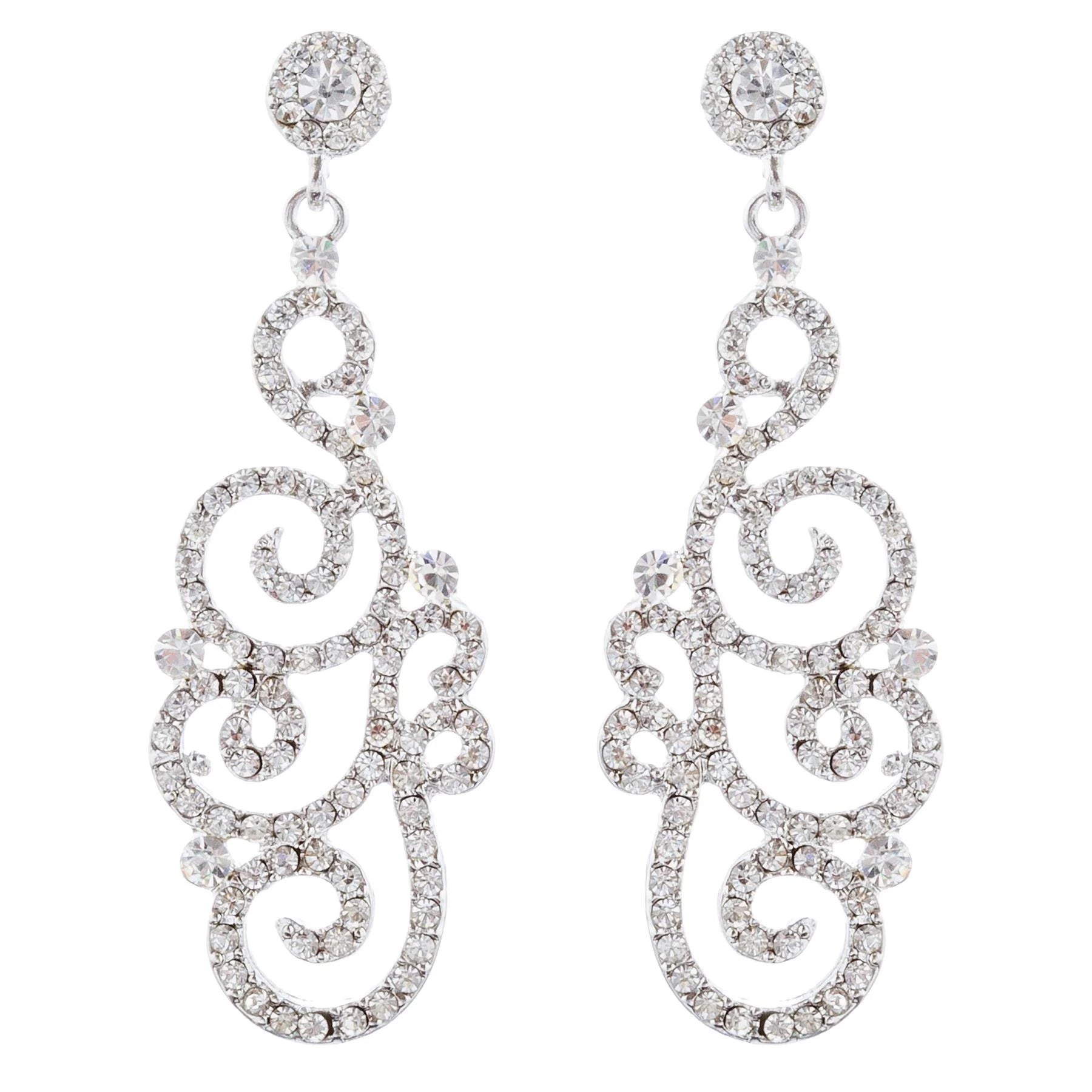 Elegant Bridal Wedding Crystal Rhinestone Swirl Vintage Dangle Earrings - Silver