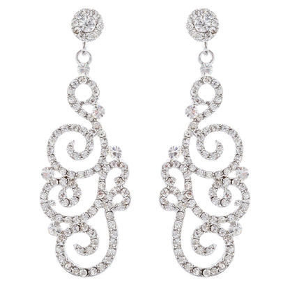 Elegant Bridal Wedding Crystal Rhinestone Swirl Vintage Dangle Earrings - Silver