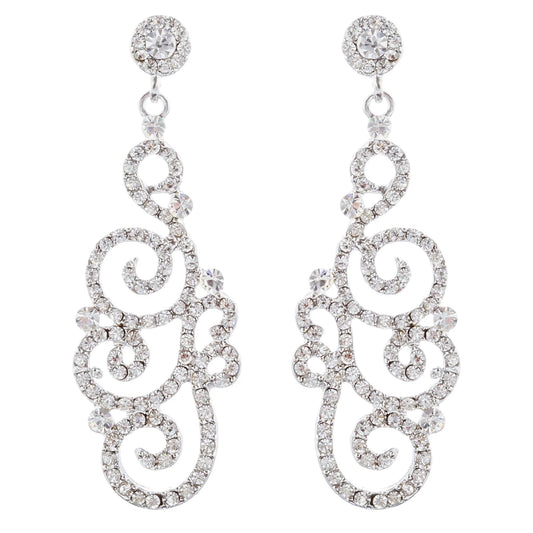 Elegant Bridal Wedding Crystal Rhinestone Swirl Vintage Dangle Earrings - Silver