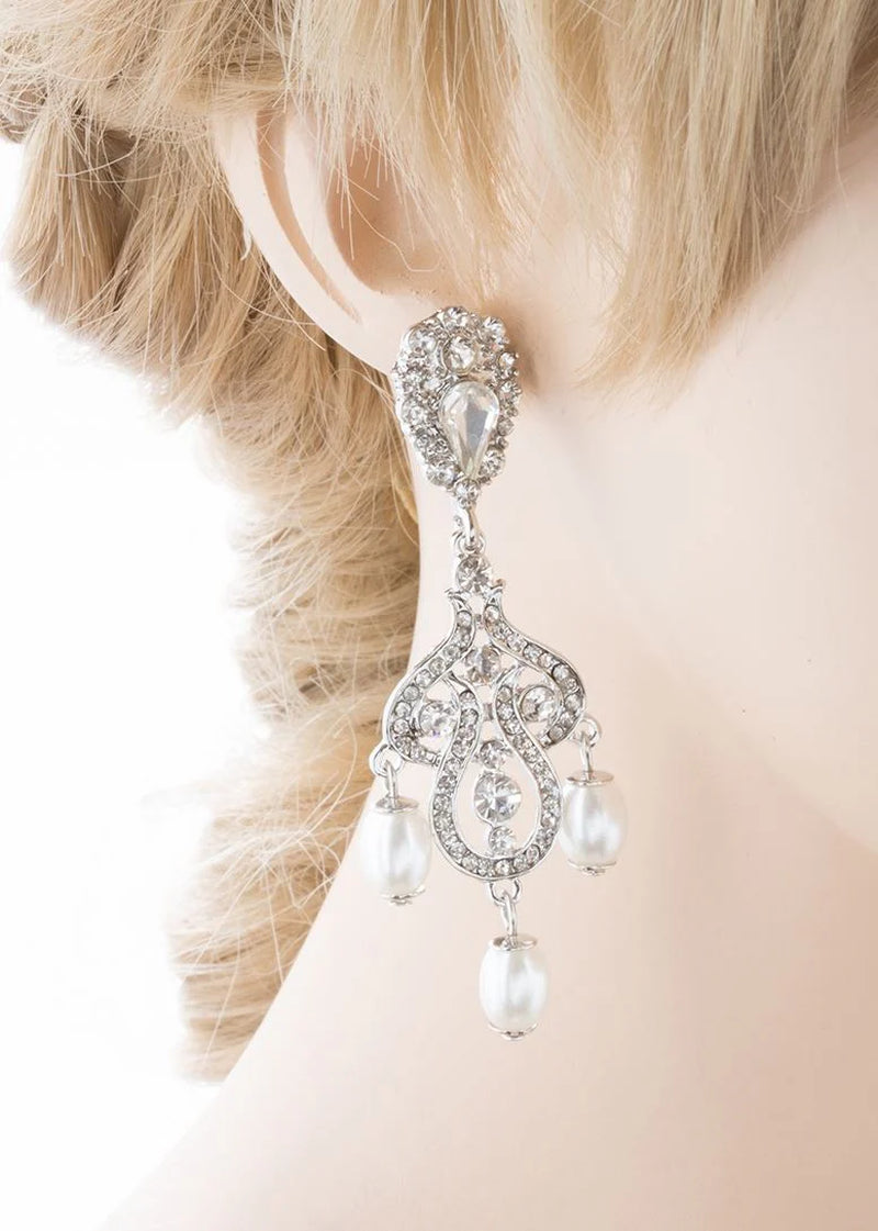 Elegant Crystal Rhinestone Pearl Vintage Dangle Earrings - White Bridal Jewelry