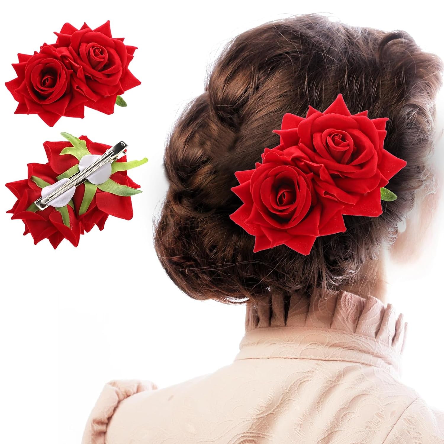 Red Rose Flower Hair Combs – Bohemian Flannel Hairpins, Elegant Bride Hanfu Costume Hair Clips for Women & Girls, Party, Wedding & Mother’s Day Accessories