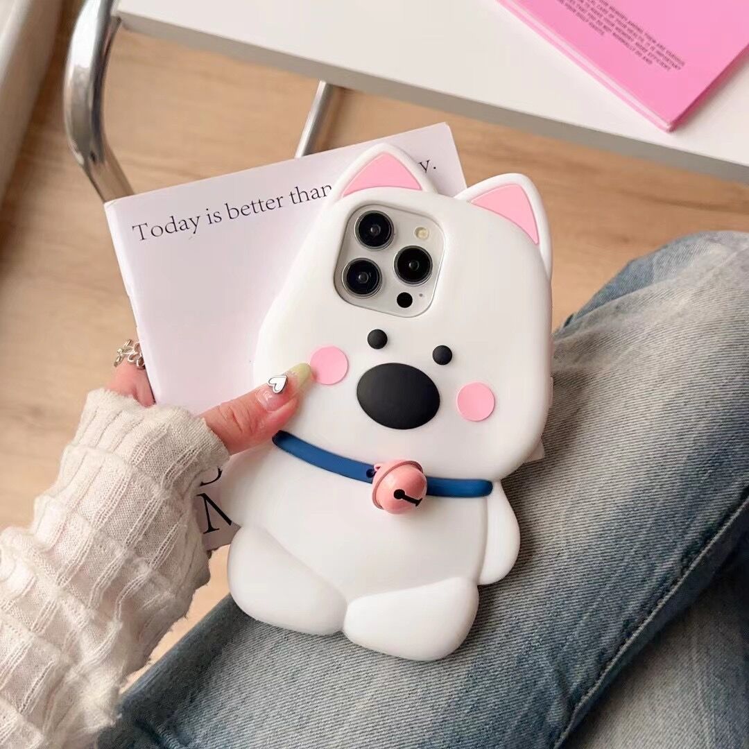 Cartoon Cute Bell Little White Dog Phone Case - Kawaii Soft TPU Protective Case for iPhone