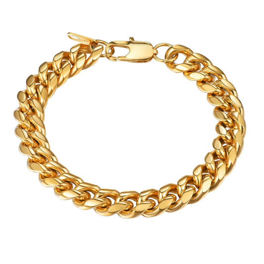 Cuban Link 18K Gold Chain Bracelet - 10MM Wide, 19" Length, Stylish Men's Punk Jewelry