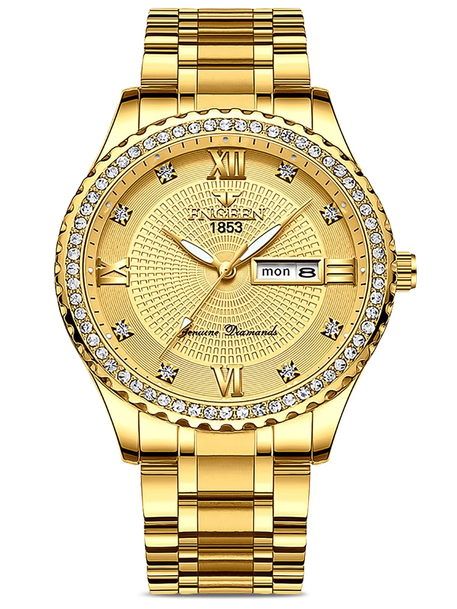 Classic Men's Gold Diamond Watch – Stainless Steel Waterproof Quartz Analog Dress Wristwatch