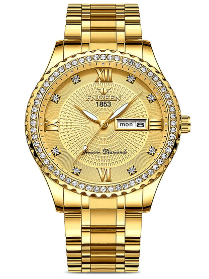 Classic Men's Gold Diamond Watch – Stainless Steel Waterproof Quartz Analog Dress Wristwatch