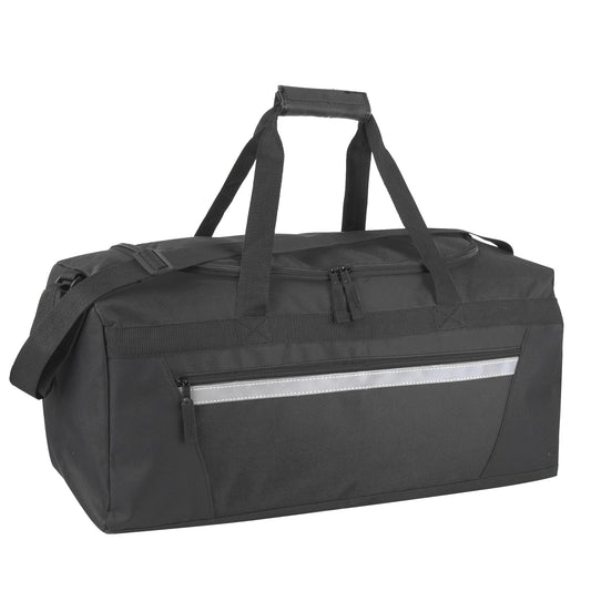 40L 22-Inch Duffle Bag - Reflective Stripe, Front Pocket, Velcro Handles, Dual Zipper & Luggage Strap - Travel, Commute, Gym - Black & Silver