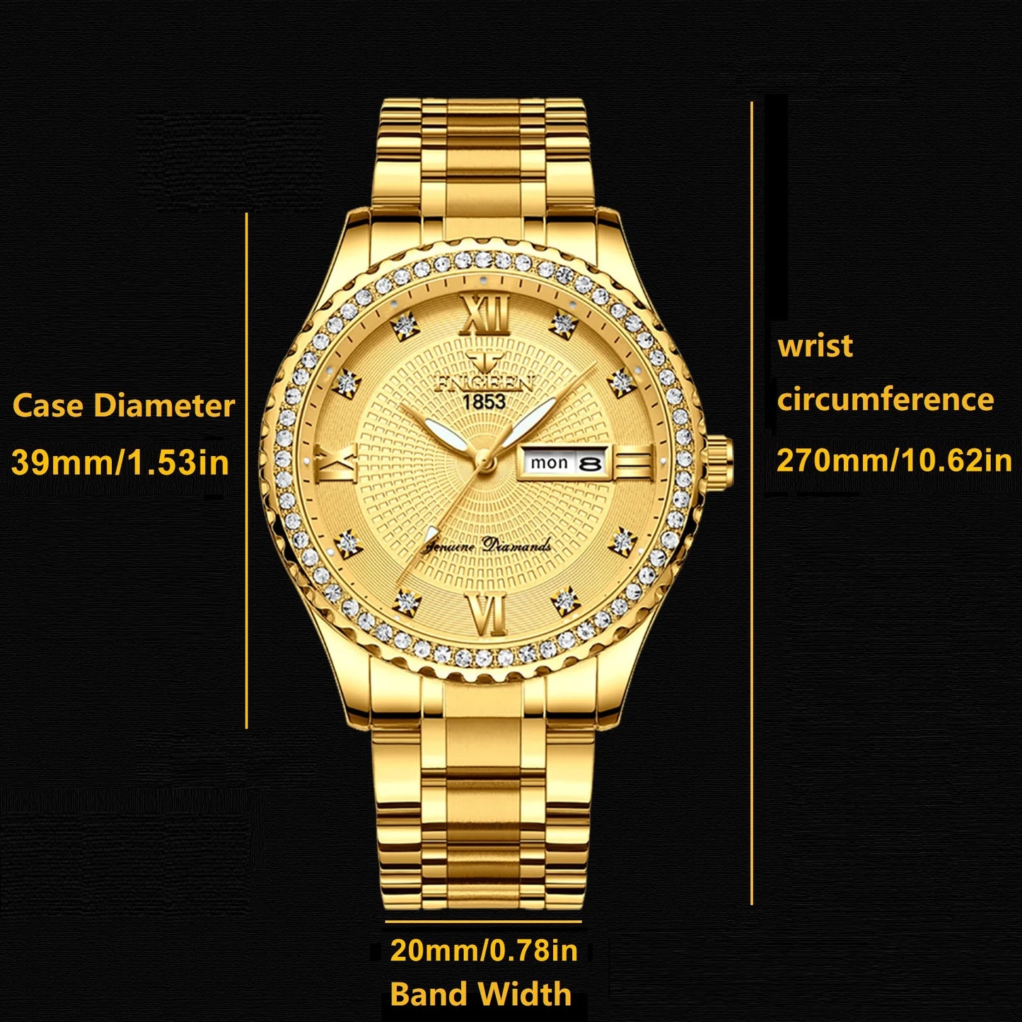 Classic Men's Gold Diamond Watch – Stainless Steel Waterproof Quartz Analog Dress Wristwatch