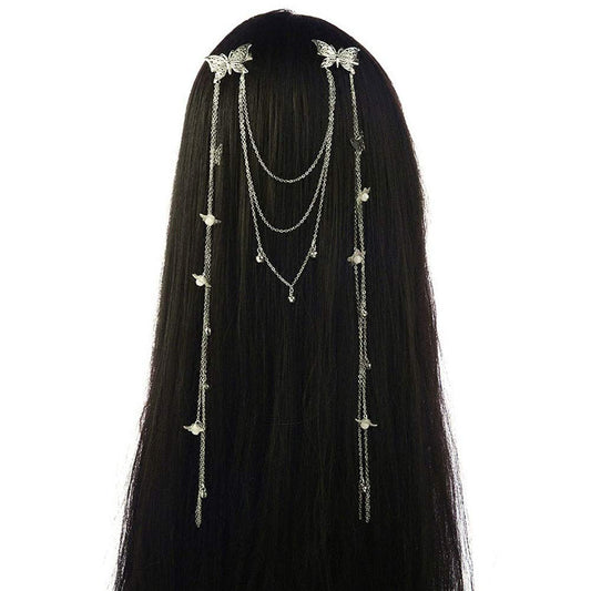 Retro Long Tassel Hairpin for Women – Silver Butterfly Dangle Hair Clip, Duckbill Hair Accessories