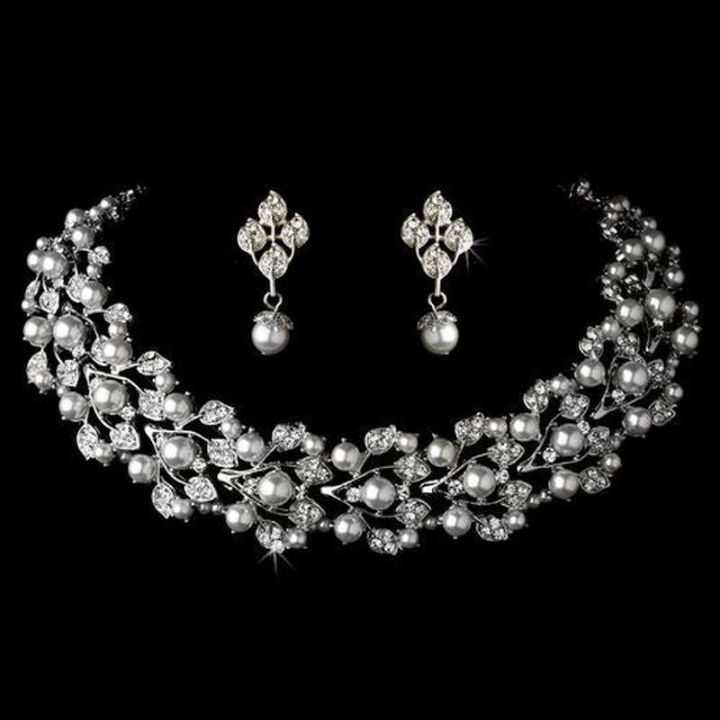 Elegant Rhinestone Pearl Jewelry Set - White Leaf Design Bridal Accessories