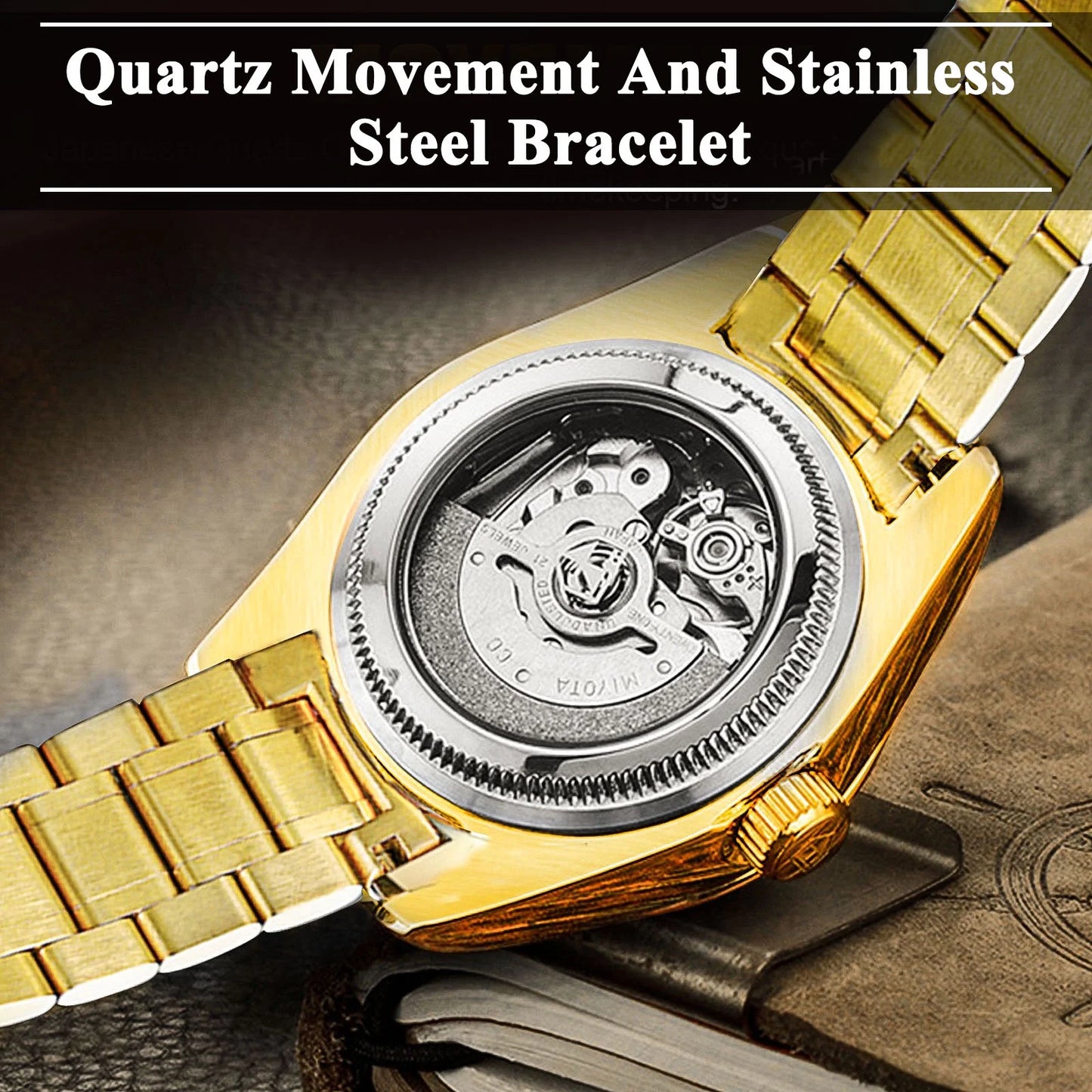 Classic Men's Gold Diamond Watch – Stainless Steel Waterproof Quartz Analog Dress Wristwatch