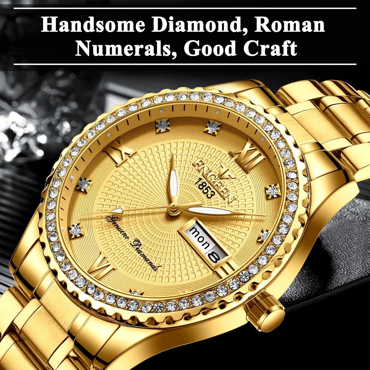 Classic Men's Gold Diamond Watch – Stainless Steel Waterproof Quartz Analog Dress Wristwatch