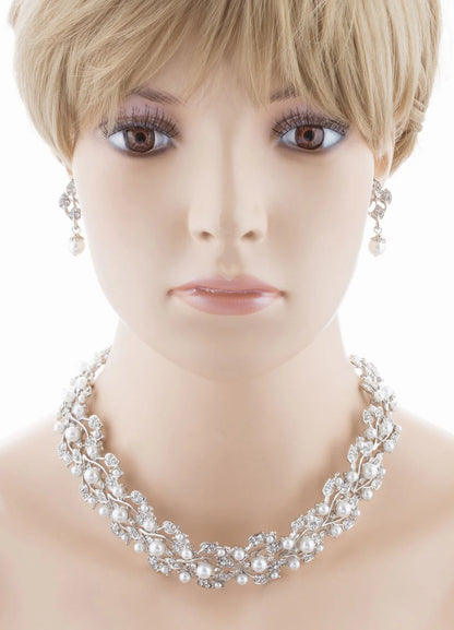 Elegant Rhinestone Pearl Jewelry Set - White Leaf Design Bridal Accessories