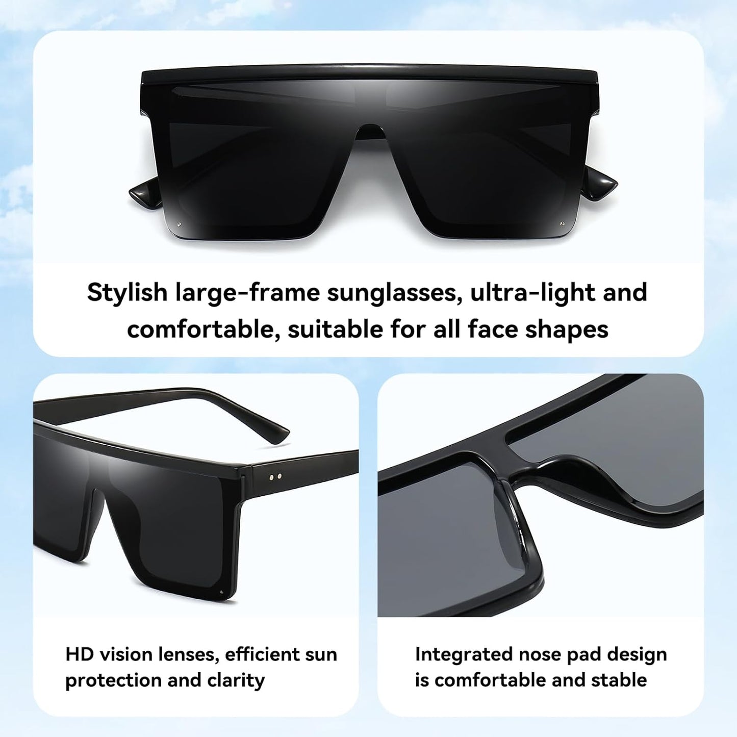 Square Oversized Sunglasses for Women , Fashion Flat Top Big Black Frame Shades