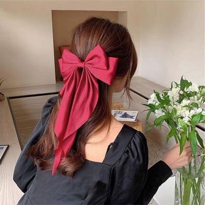 2Pcs Red Hair Bows for Women – Soft Silky Long Tail Ribbons, Big Cute Hair Bows with Metal Clips, Elegant Hair Accessories for Styling & Daily Wear