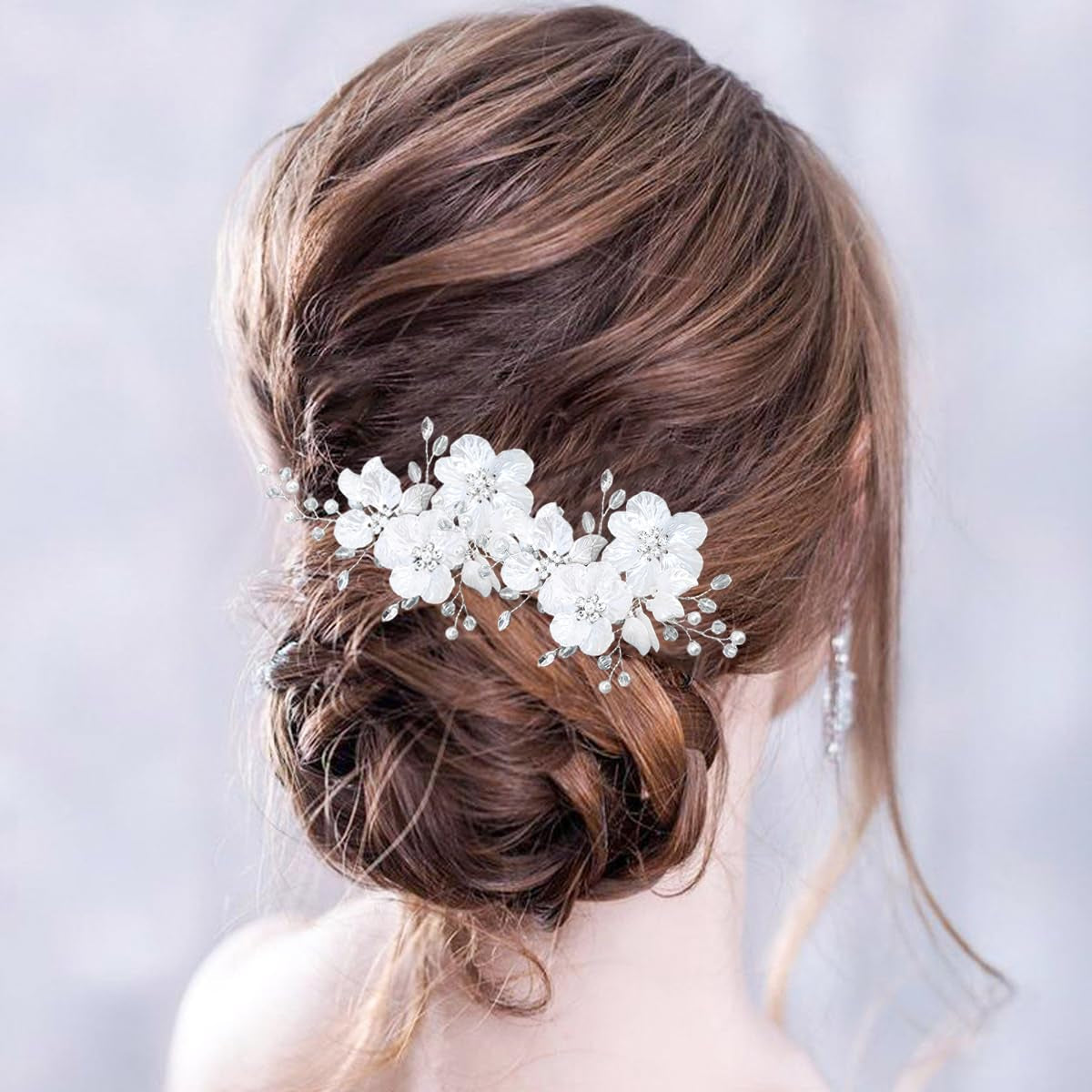 3 PCS Pearl Flower Wedding Hair Clips – Rhinestone Bridal Crystal Barrettes, Floral Leaf Vine Headpiece Hair Accessories for Women & Girls (Silver)