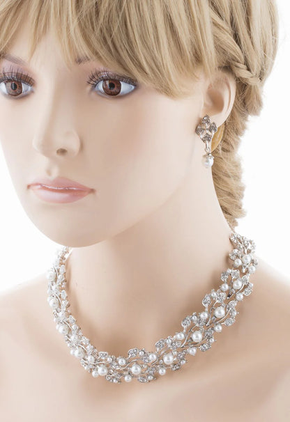 Elegant Rhinestone Pearl Jewelry Set - White Leaf Design Bridal Accessories